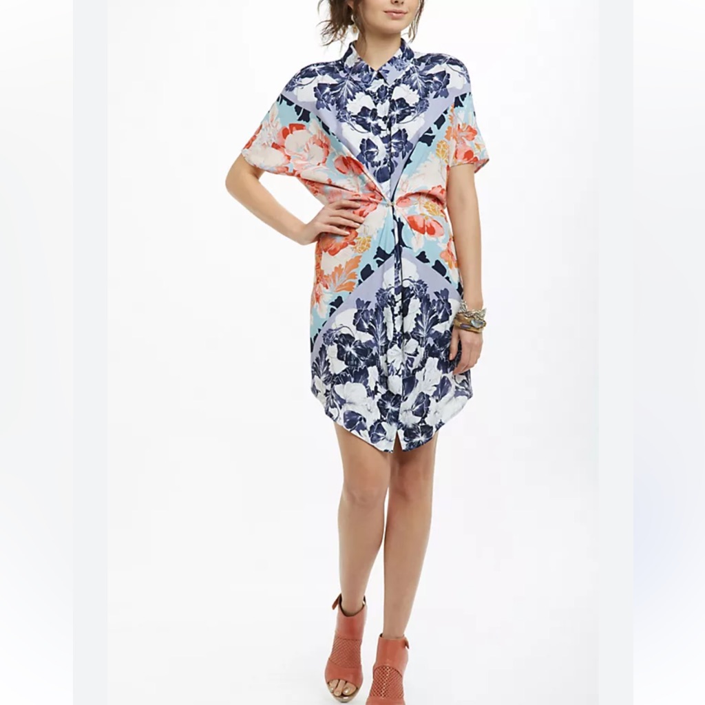Maeve Anthropologie Hibiscus Bloom Shirtdress Convertible Purple Peach Sz Xs